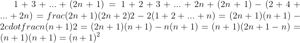 1+3+...+(2n+1)=1+2+3+...+2n+(2n+1)-(2+4+...+2n)=frac{(2n+1)(2n+2)}2-2(1+2+...+n)=(2n+1)(n+1)-2cdotfrac{n(n+1)}{2}=(2n+1)(n+1)-n(n+1)=(n+1)(2n+1-n)=(n+1)(n+1)=(n+1)^2
